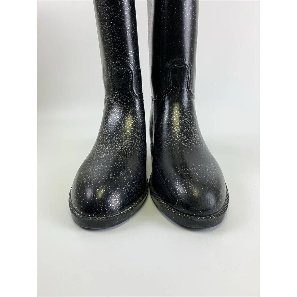 BOGO Hello Kitty Angelina Shimmer Rain Boots Black Glitter Pull On Knee High 6